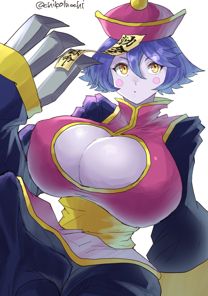 1girl blush_stickers breasts chikoinochi chinese_clothes claw_(weapon) claws cleavage cleavage_cutout clothing_cutout colored_skin highres large_breasts lei_lei purple_eyes purple_hair purple_skin short_hair simple_background talisman vampire_(game) weapon white_background yellow_eyes