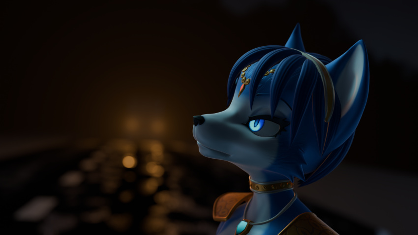 anthro blue_body blue_fur bubbshalub canid canine female fox fur glowing glowing_eyes hi_res jewelry krystal krystal_(kaylafox) looking_away mammal necklace nintendo outside shoulder_pads solo star_fox street wallpaper