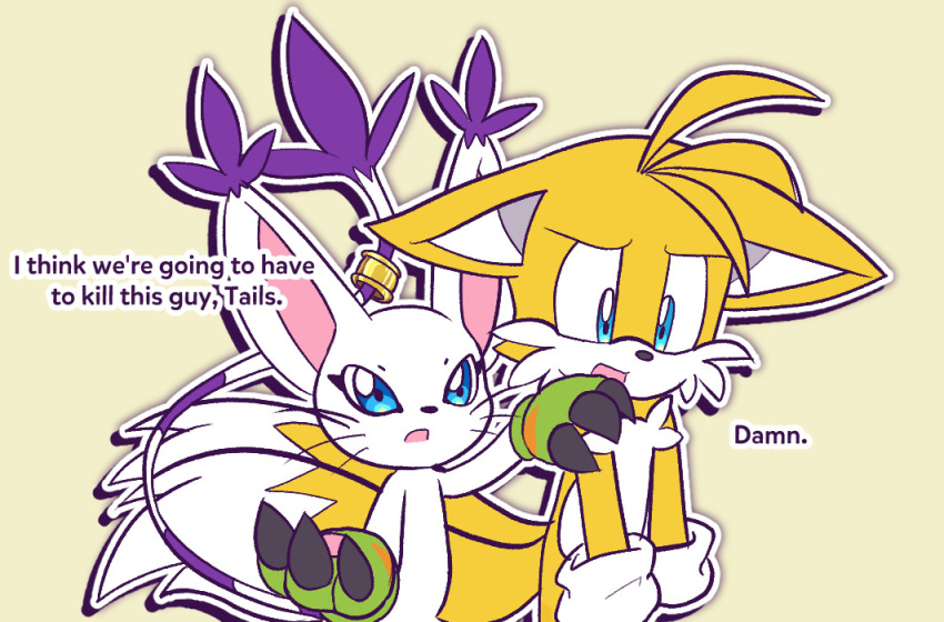 anthro bandai_namco blue_eyes canid canine claws clothing crossover dialogue digimon digimon_(species) duo english_text felid feline female fox fur gatomon gloves handwear male mammal miles_prower miracletails open_mouth sega simple_background sonic_the_hedgehog_(series) tail text white_body white_fur yellow_body yellow_fur