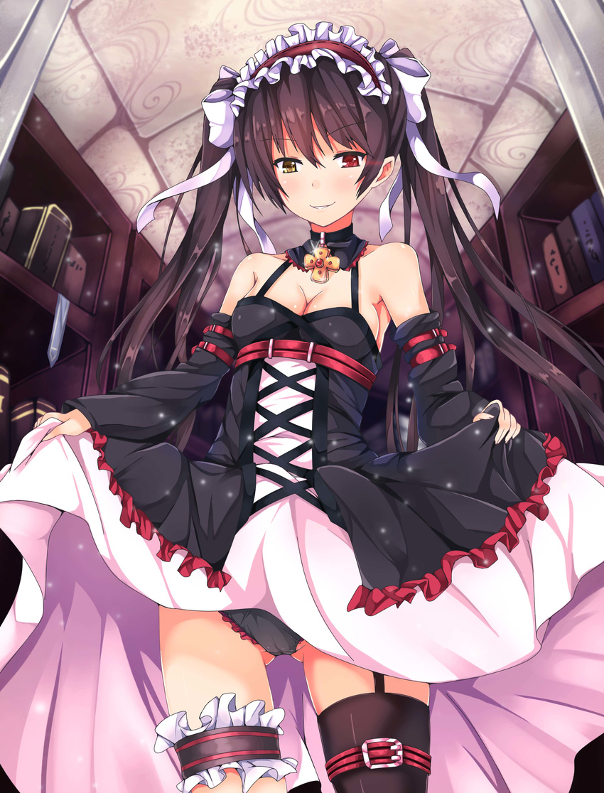 absurdres black_hair black_panties breasts cameltoe cleavage detached_sleeves dress dress_lift erimu garter_straps heterochromia highres long_hair medium_breasts naughty_face original panties ribbon single_thighhigh smile solo thigh_strap thighhighs twintails underwear