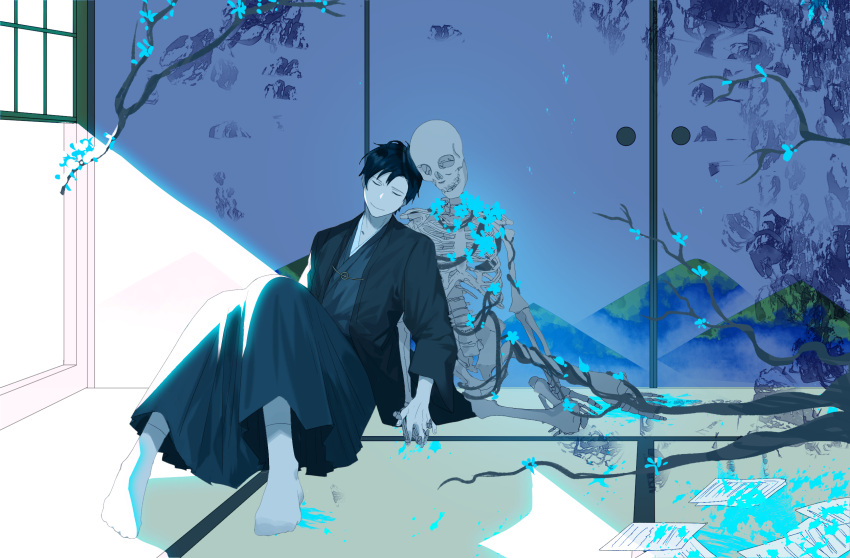 1boy black_hair blood blood_on_ground blue_blood blue_flower branch closed_eyes flower hakama highres holding_hands japanese_clothes kimono koshotengai_no_hashihime male_focus minakami_(koshotengai_no_hashihime) paper roots shopkeeper_(koshotengai_no_hashihime) short_hair shouji shrount skeleton sliding_doors smile socks spoilers tatami tree white_socks window