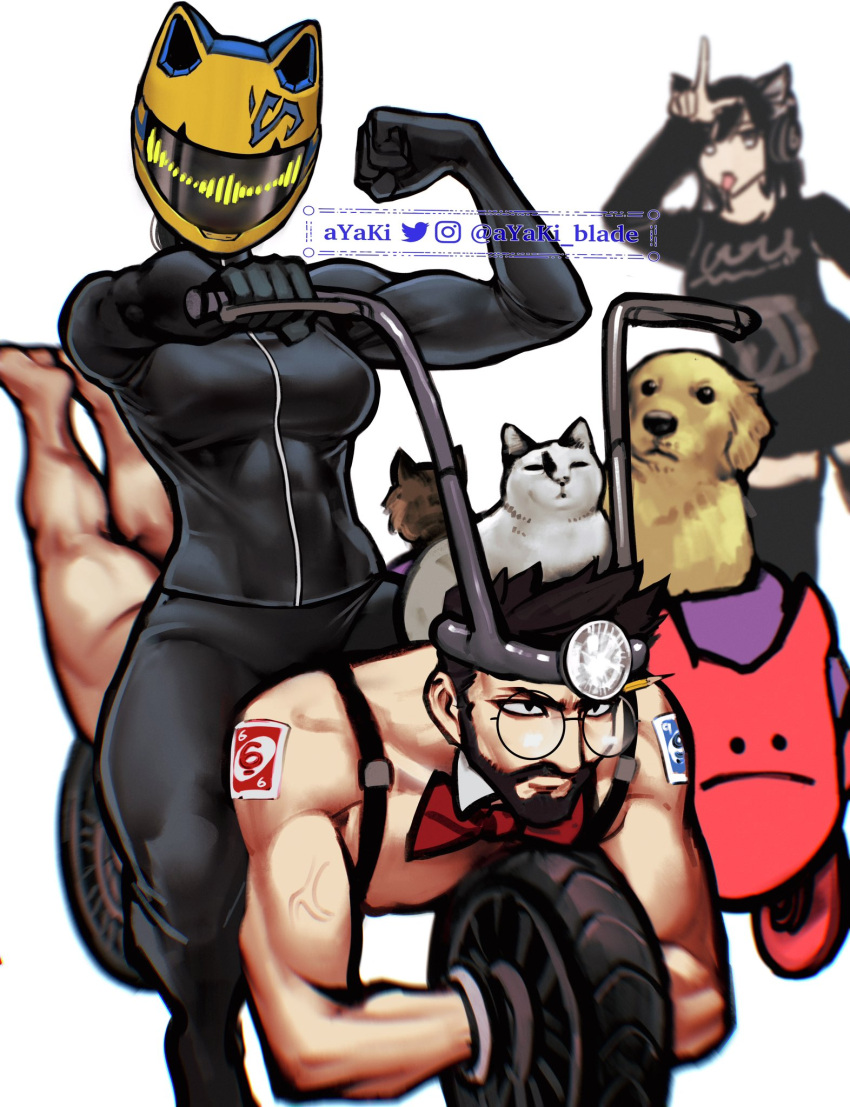 1boy 2girls animal_ears ayaki_d beard black_hair black_jacket black_pants black_shirt black_thighhighs bow bowtie breasts cat cat_ear_helmet cat_ears commentary detached_collar dog english_commentary facial_hair flexing glasses headphones helmet highres jacket loser_gesture medium_breasts multiple_girls original pants red_bow red_bowtie round_eyewear shirt sticker suspenders thighhighs toned tongue tongue_out uno_(game) wheel