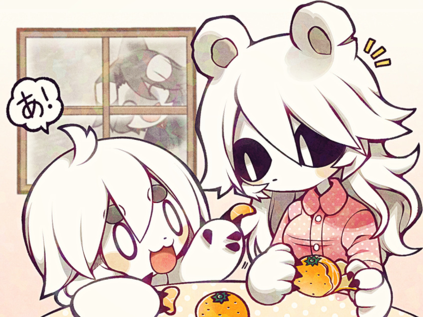 1boy 2girls alternate_costume animal_ears animal_hands bear_ears bear_girl bear_paws black_hair black_sclera breasts colored_sclera colored_skin commission fins food fruit funamusea funamusea_(artist) holding holding_food holding_fruit ice_scream idate_(ice_scream) large_breasts long_hair mafuyu_(ice_scream) multicolored_hair multiple_girls no_mouth o_o official_art open_mouth orange_(fruit) orca_boy pajamas peeling pink_pajamas rocma_(ice_scream) short_hair skeb_commission speech_bubble stalking suit two-tone_hair white_eyes white_hair white_skin window