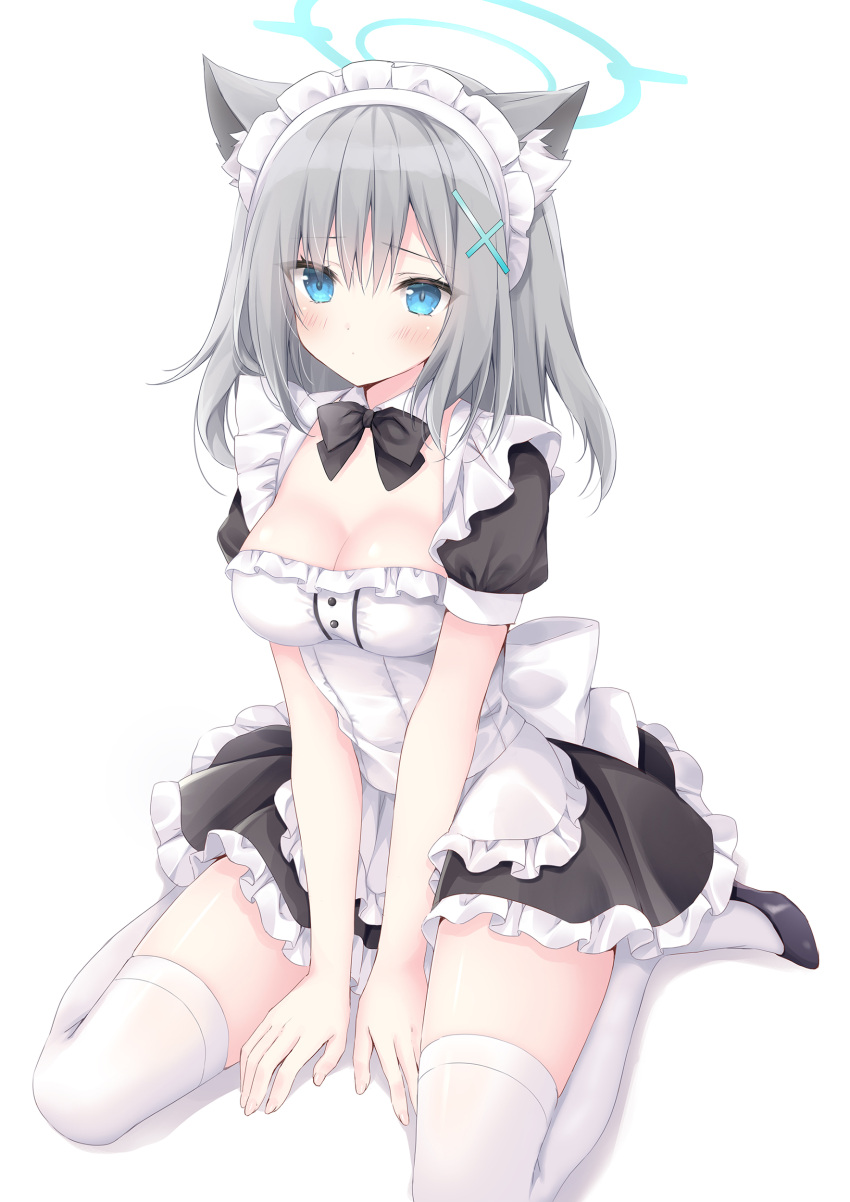 1girl absurdres alternate_costume animal_ears apron black_dress black_footwear blue_archive blue_eyes blue_halo blush breasts closed_mouth cross_hair_ornament dress enmaided fingernails frilled_apron frilled_dress frills full_body grey_hair hair_between_eyes hair_ornament halo highres korie_riko maid maid_apron maid_headdress medium_breasts medium_hair shiroko_(blue_archive) shoes short_sleeves simple_background sitting solo thighhighs wariza white_apron white_background white_thighhighs wolf_ears