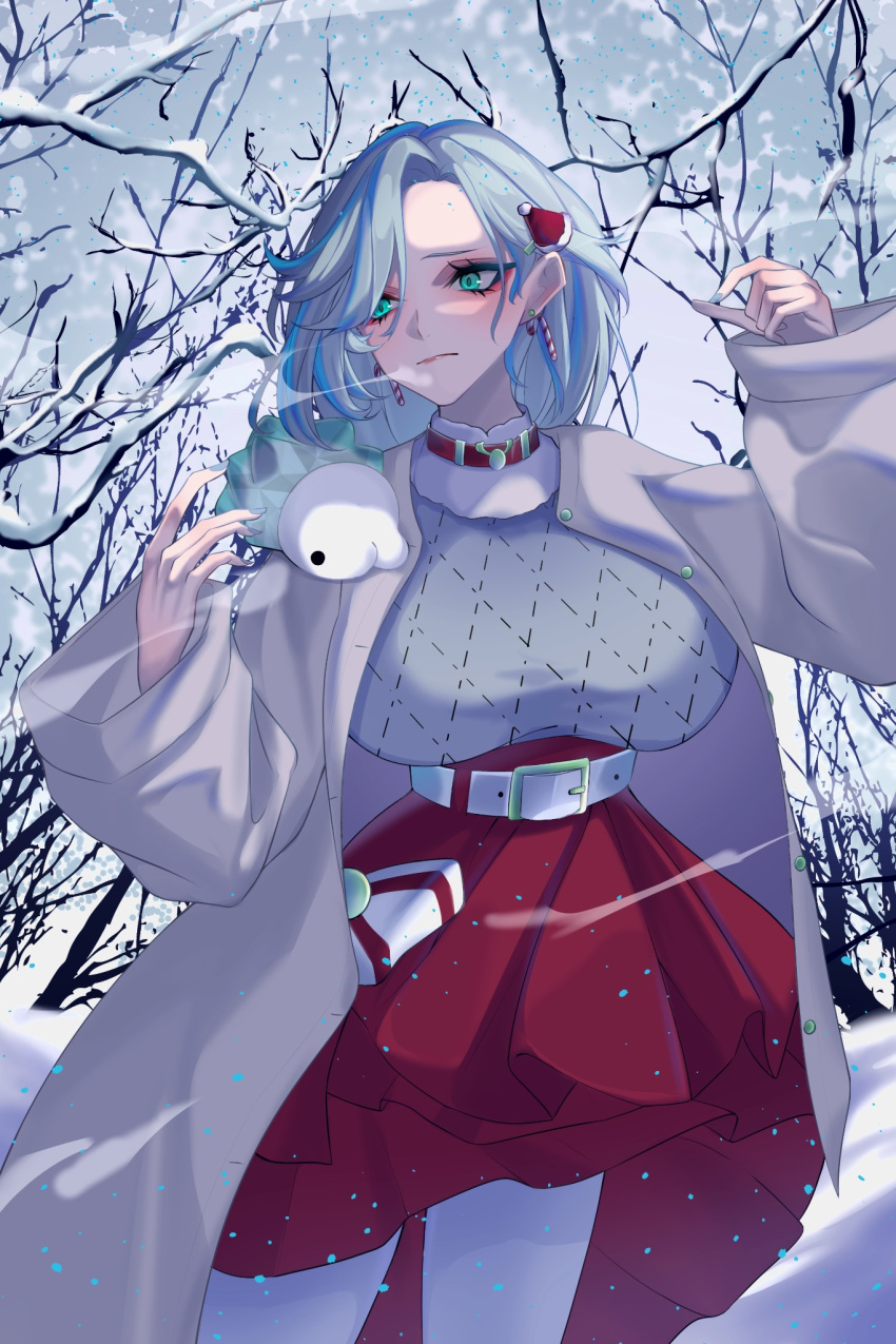 1girl blue_eyes breasts candy_cane_earrings coat dradra_tw grey_hair highres large_breasts long_hair looking_at_viewer on_shoulder pokemon pokemon_(creature) pokemon_on_shoulder red_skirt shirt skirt snom snow snowing tree virtual_youtuber vshojo white_coat white_shirt zentreya