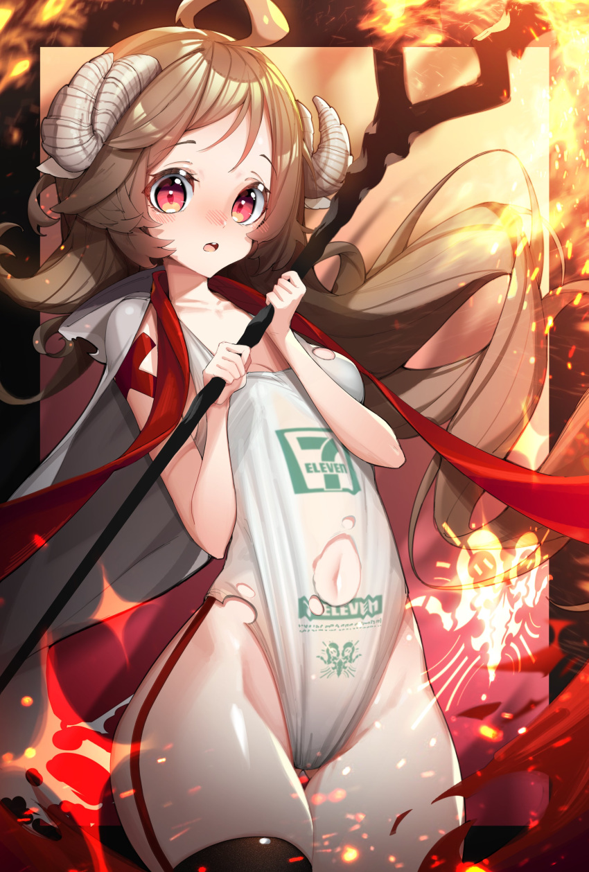 1girl 7-eleven absurdres animal_ears arknights ass_visible_through_thighs black_thighhighs blush breasts cape clothing_cutout cowlick eyjafjalla_(arknights) fire groin highres holding holding_staff horns kyudong. long_hair navel navel_cutout nose_blush open_mouth red_eyes red_scarf scarf sheep_ears sheep_girl sheep_horns small_breasts solo staff thigh_gap thighhighs torn_clothes