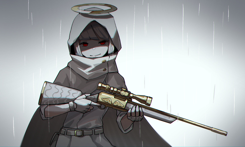 1girl belt buttons cape closed_mouth commentary_request fingerless_gloves gloves grey_background grey_hair gun halo highres himurohiromu holding holding_gun holding_weapon hood hood_up looking_at_viewer original outdoors rain red_eyes shaded_face shirt short_hair skirt smile solo weapon