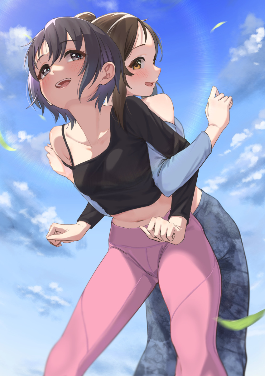 2girls absurdres assisted_stretching ayase_honoka back-to-back black_shirt blue_leggings blue_shirt blue_sky blush breasts brown_eyes brown_hair clenched_hands cloud collarbone commentary day grey_eyes grey_hair highres idolmaster idolmaster_cinderella_girls kaiso_(kaisooekaki) leaf leggings long_hair long_sleeves looking_at_another multiple_girls navel open_mouth otokura_yuuki outdoors pink_leggings ponytail shirt short_hair sidelocks sky small_breasts smile stomach sunlight teeth thighs upper_teeth_only