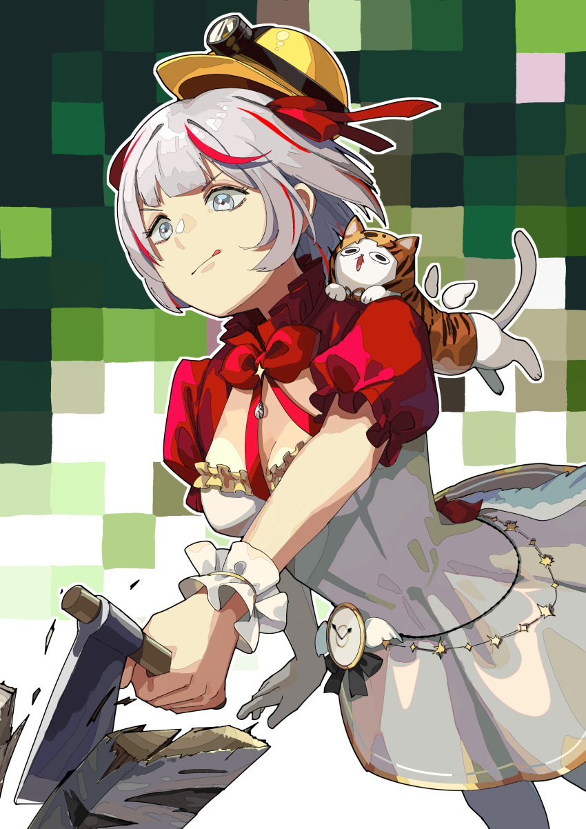 1girl absurdres animal_on_shoulder aozora_kurumi axe bow bowtie breasts cat chopping cleavage closed_mouth dress eyelashes frills grey_eyes grey_hair hair_ribbon hat helmet highres himurohiromu holding holding_axe multicolored_hair project_kavvaii red_bow red_bowtie red_hair red_ribbon ribbon short_sleeves streaked_hair tongue tongue_out two-tone_hair wood wrist_cuffs yellow_headwear