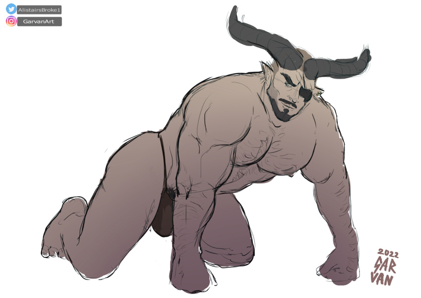 2_horns bulge clothed clothing dragon_age garvan horn humanoid humanoid_pointy_ears iron_bull male muscular muscular_humanoid muscular_male qunari solo underwear underwear_only