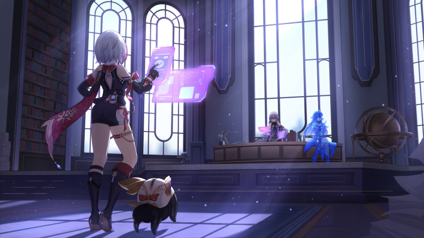 black_footwear black_gloves bow bronya_rand bulouxi10818 chinese_commentary day detached_sleeves gloves grey_hair highres honkai:_star_rail honkai_(series) indoors long_hair looking_at_viewer multiple_girls numby_(honkai:_star_rail) red_bow screen seele_(honkai:_star_rail) sitting standing topaz_(honkai:_star_rail) warp_trotter_(honkai:_star_rail) white_hair