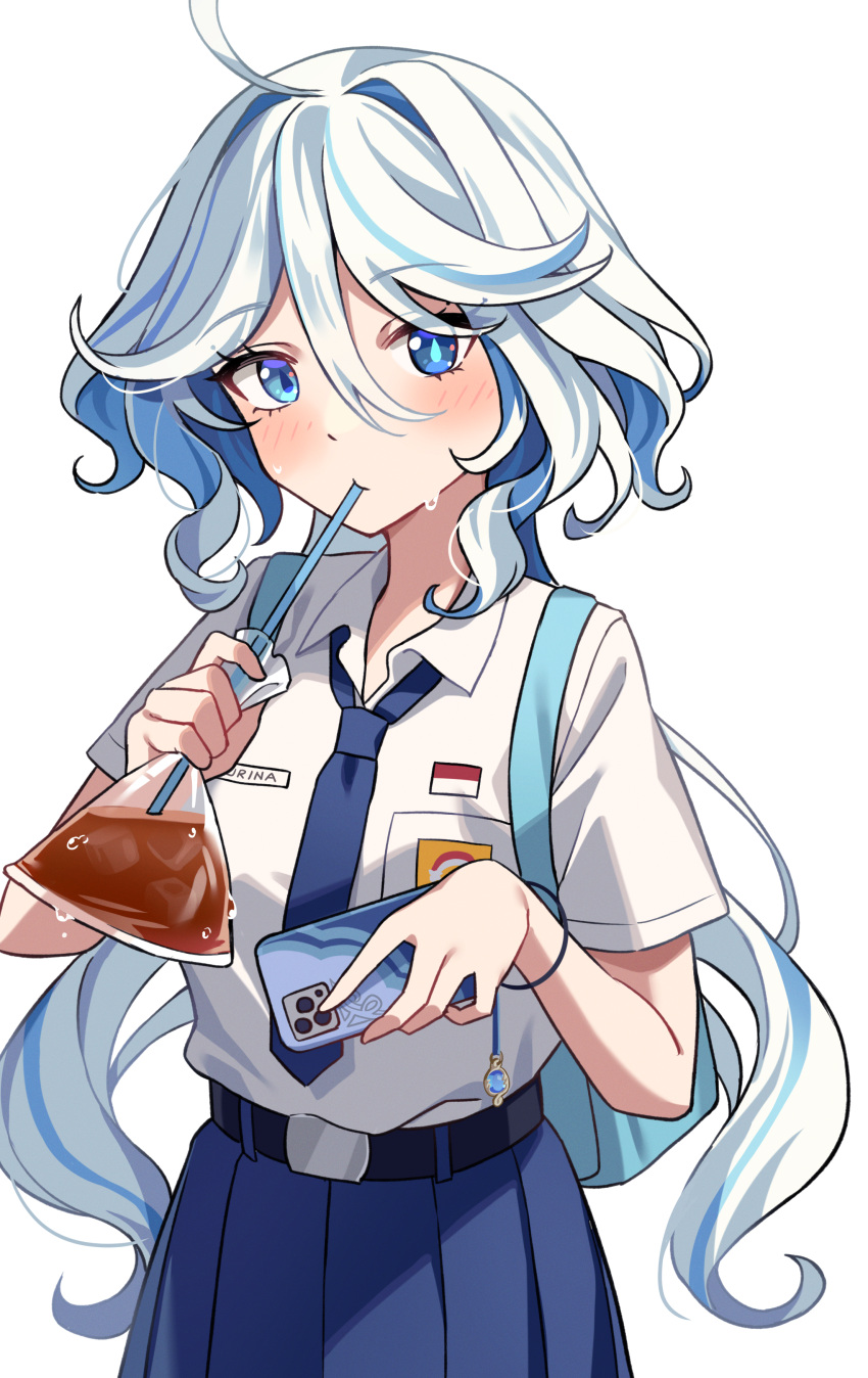 1girl absurdres ahoge alternate_costume aqua_hair backpack bag belt blue_bag blue_eyes blue_hair blue_necktie blue_skirt bracelet breast_pocket cellphone cellphone_charm character_name charm_(object) collared_shirt commentary drinking drinking_straw drinking_straw_in_mouth drop-shaped_pupils dual_wielding furina_(genshin_impact) genshin_impact hair_between_eyes heterochromia highres holding holding_phone indonesia indonesian_flag indonesian_middle_school_uniform jewelry long_hair looking_at_viewer low_twintails mismatched_pupils multicolored_hair multiple_views name_tag necktie phone pleated_skirt pocket school_uniform selfie shirt short_sleeves sidelocks skirt smartphone solo streaked_hair sweat symbol-only_commentary symbol-shaped_pupils twintails two-tone_hair wavy_hair white_background white_shirt yaruwashi