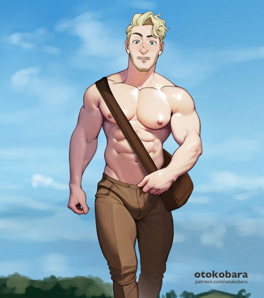 1boy abs artist_name bag bara blonde_hair blue_eyes brown_pants cloud coral_island day facial_hair highres large_pectorals looking_at_viewer male_focus muscular muscular_male navel nipples otokobara outdoors pants patreon_username pectorals scott_(coral_island) short_hair shoulder_bag sky solo topless_male