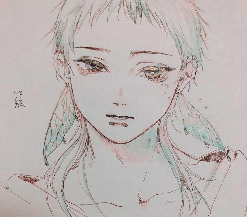 1boy aqua_hair blue_eyes collarbone crying earrings eyelashes eyeshadow hair_over_shoulder highres insect_wings jewelry labret_piercing long_hair looking_afar makeup male_focus mame_(mmgamegg) mascara original partially_colored portrait simple_background sketch solo tears_from_one_eye wet wing_earrings wings