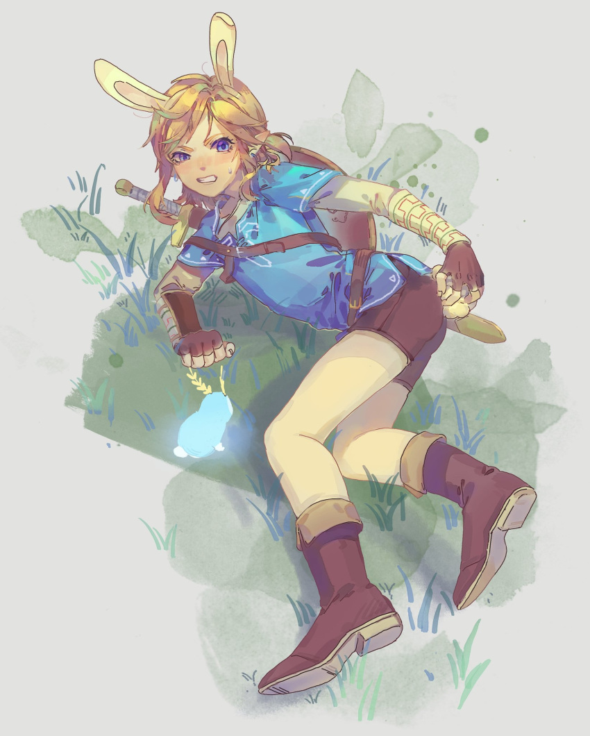 1boy animal_ears blonde_hair blue_eyes blue_sleeves blue_tunic boots bracer brown_footwear brown_gloves brown_shorts clenched_teeth earrings eyelashes fingerless_gloves fingernails full_body gloves grass grey_background highres jewelry kemonomimi_mode layered_sleeves link long_sleeves low_ponytail lying male_focus on_side open_mouth pointy_ears rabbit_boy rabbit_ears rabbit_tail sheath sheathed shield shield_on_back shirt short_hair short_over_long_sleeves short_ponytail short_shorts short_sleeves shorts simple_background solo stud_earrings sweatdrop sword sword_on_back tail tail_pull teeth the_legend_of_zelda the_legend_of_zelda:_breath_of_the_wild v-shaped_eyebrows weapon weapon_on_back white_shirt white_sleeves yanmian_(printemps-noir)