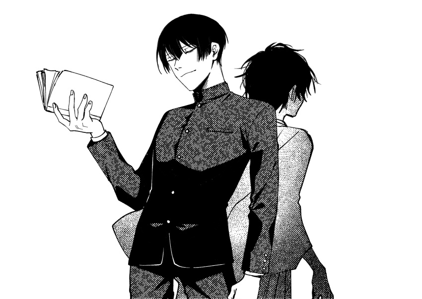 2boys ahoge back-to-back black_hair book closed_eyes closed_mouth gakuran greyscale hakama haori highres holding holding_book japanese_clothes koshotengai_no_hashihime male_focus minakami_(koshotengai_no_hashihime) monochrome multiple_boys school_uniform short_hair shrount simple_background smile tamamori_(koshotengai_no_hashihime) white_background