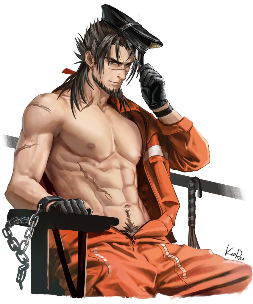 1boy abs absurdres anjingkuxiao arknights bara beard black_gloves black_hair character_request facial_hair gloves hat highres jesselton_williams_(arknights) jumpsuit male_focus male_pubic_hair mature_male muscular muscular_male navel_hair nipples open_clothes pectorals prisoner pubic_hair pubic_hair_peek restrained scar scar_on_face scar_on_nose short_hair signature sitting solo toned toned_male unworn_hat unworn_headwear whip white_background