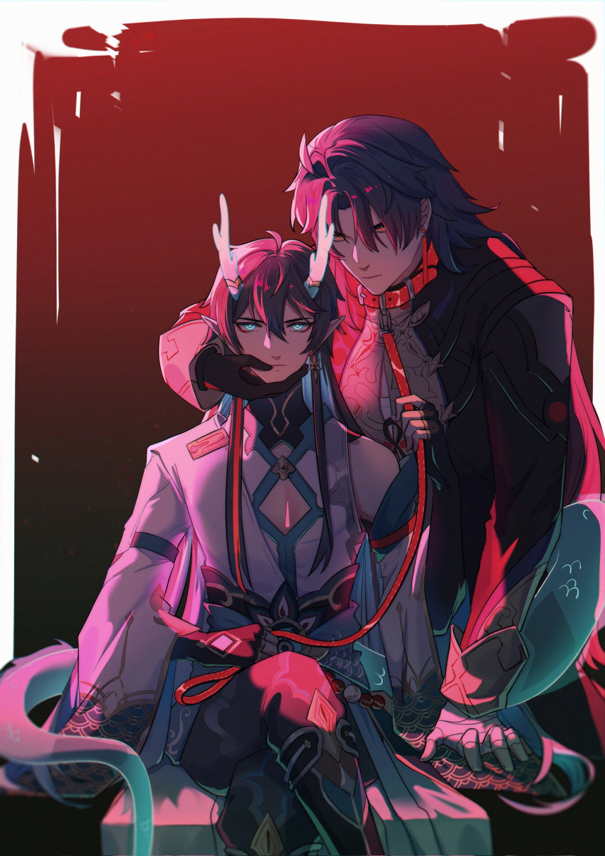 2boys ahoge angry animal_collar aqua_eyes aqua_horns aqua_tail bandaged_hand bandages black_coat black_collar black_gloves black_hair blade_(honkai:_star_rail) boots border button_gap buttons cleavage_cutout closed_mouth clothing_cutout coat collar cowboy_shot crossed_legs dan_heng_(honkai:_star_rail) dan_heng_(imbibitor_lunae)_(honkai:_star_rail) detached_collar detached_sleeves earrings elis10086 fingerless_gloves gloves grey_pants hand_on_another's_chin hand_on_own_leg hand_up highres holding holding_leash honkai:_star_rail honkai_(series) horns jacket jewelry knee_boots leash long_sleeves looking_at_viewer male_focus multiple_boys pants pectoral_cleavage pectorals pointy_ears red_background red_collar shirt single_bare_shoulder single_detached_sleeve sitting sleeveless sleeveless_shirt standing white_border white_jacket white_shirt yellow_shirt