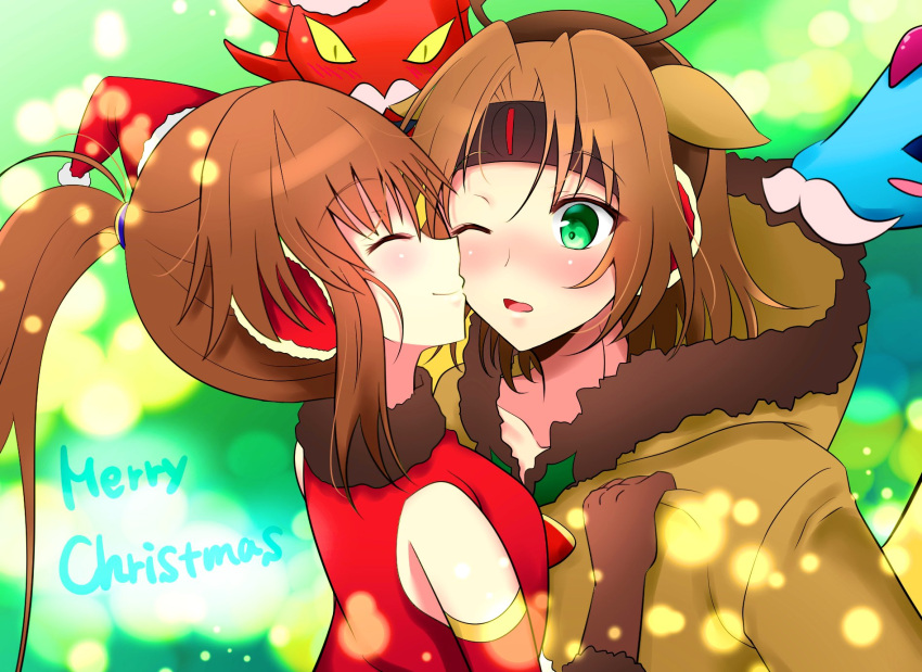 1boy 1girl ashton_anchors blush brown_hair christmas closed_mouth dragon fur_trim gloves green_eyes hat headband highres long_hair one_eye_closed open_mouth ponytail precis_neumann santa_hat smile star_ocean star_ocean_anamnesis star_ocean_the_second_story wakaba_rino