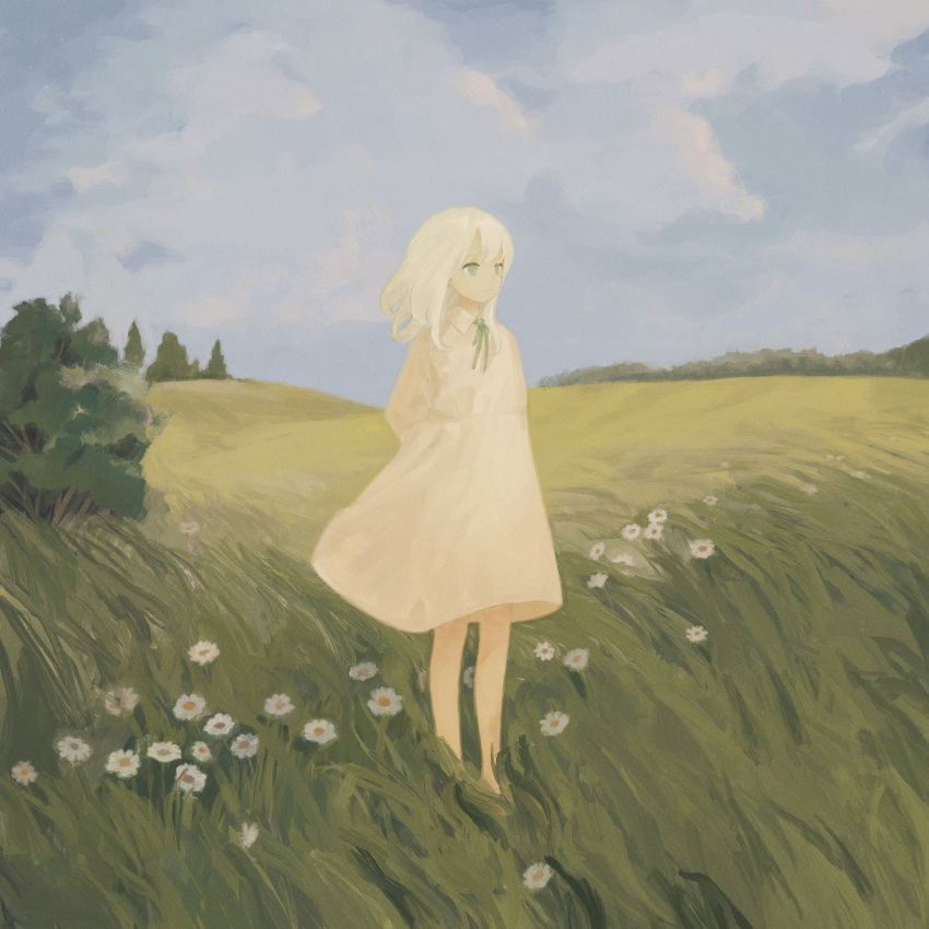 1girl album_cover arms_behind_back barefoot blue_eyes blue_sky chisato_charme cloud cloudy_sky collared_dress commentary cover day dress empire_waist field floating_hair flower green_ribbon highres long_hair long_sleeves looking_ahead neck_ribbon original outdoors puffy_long_sleeves puffy_sleeves ribbon sky solo standing symbol-only_commentary white_dress white_flower white_hair wide_shot wind