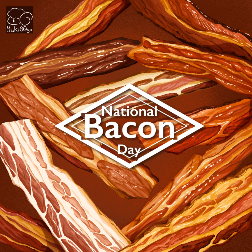 bacon english_text food food_focus highres meat no_humans original red_background still_life yuki00yo