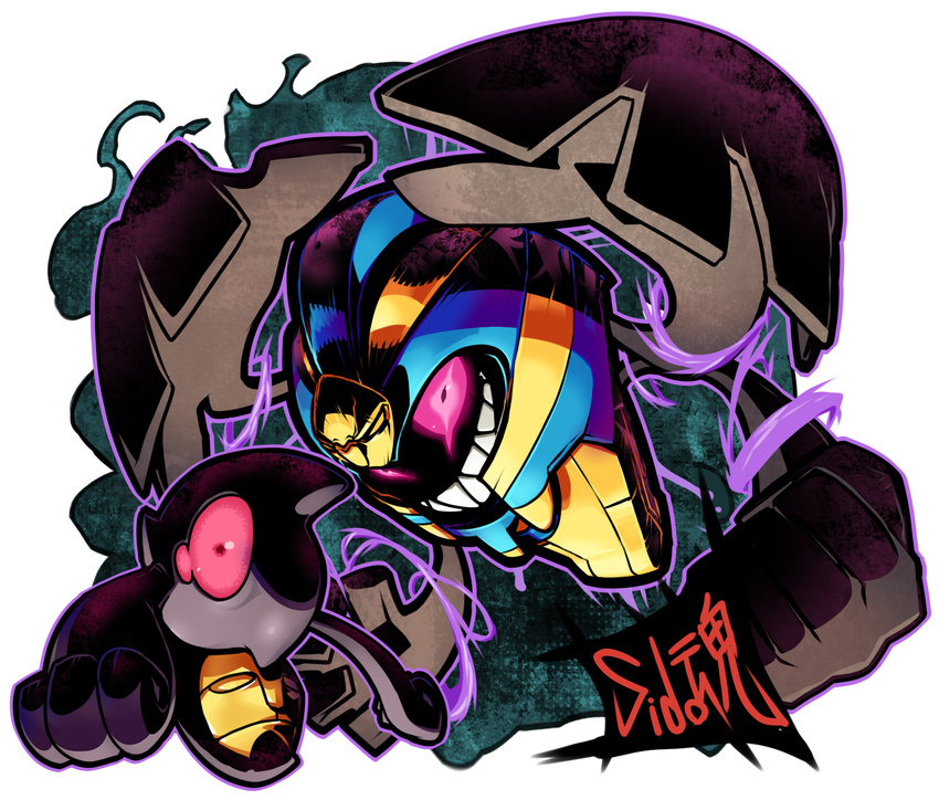 cofagrigus gen_5_pokemon glowing glowing_eyes highres no_humans pink_eyes pokemon pokemon_(creature) sharp_teeth sido_(slipknot) simple_background teeth white_background yamask