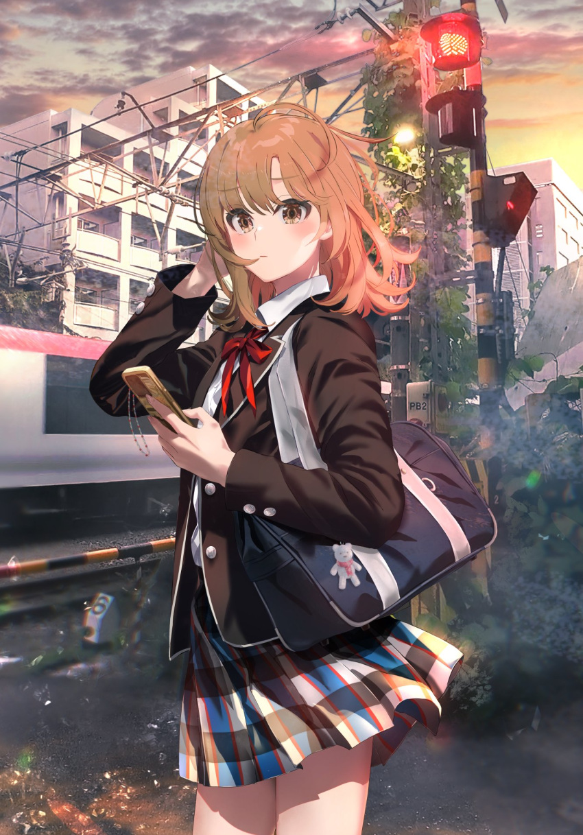 1girl ahoge bag bag_charm black_jacket blazer blue_bag blush boom_barrier brown_eyes brown_hair building cellphone charm_(object) closed_mouth collared_shirt evening hand_in_own_hair hand_up highres holding holding_phone house isshiki_iroha jacket long_sleeves looking_at_viewer medium_hair neck_ribbon open_clothes open_jacket outdoors overhead_line phone plaid plaid_skirt plant pleated_skirt ponkan_8 power_lines railroad_crossing railroad_signal railroad_tracks red_ribbon ribbon road school_bag school_uniform shirt shoulder_bag skirt sky smartphone sobu_high_school_uniform solo standing utility_pole white_shirt yahari_ore_no_seishun_lovecome_wa_machigatteiru.