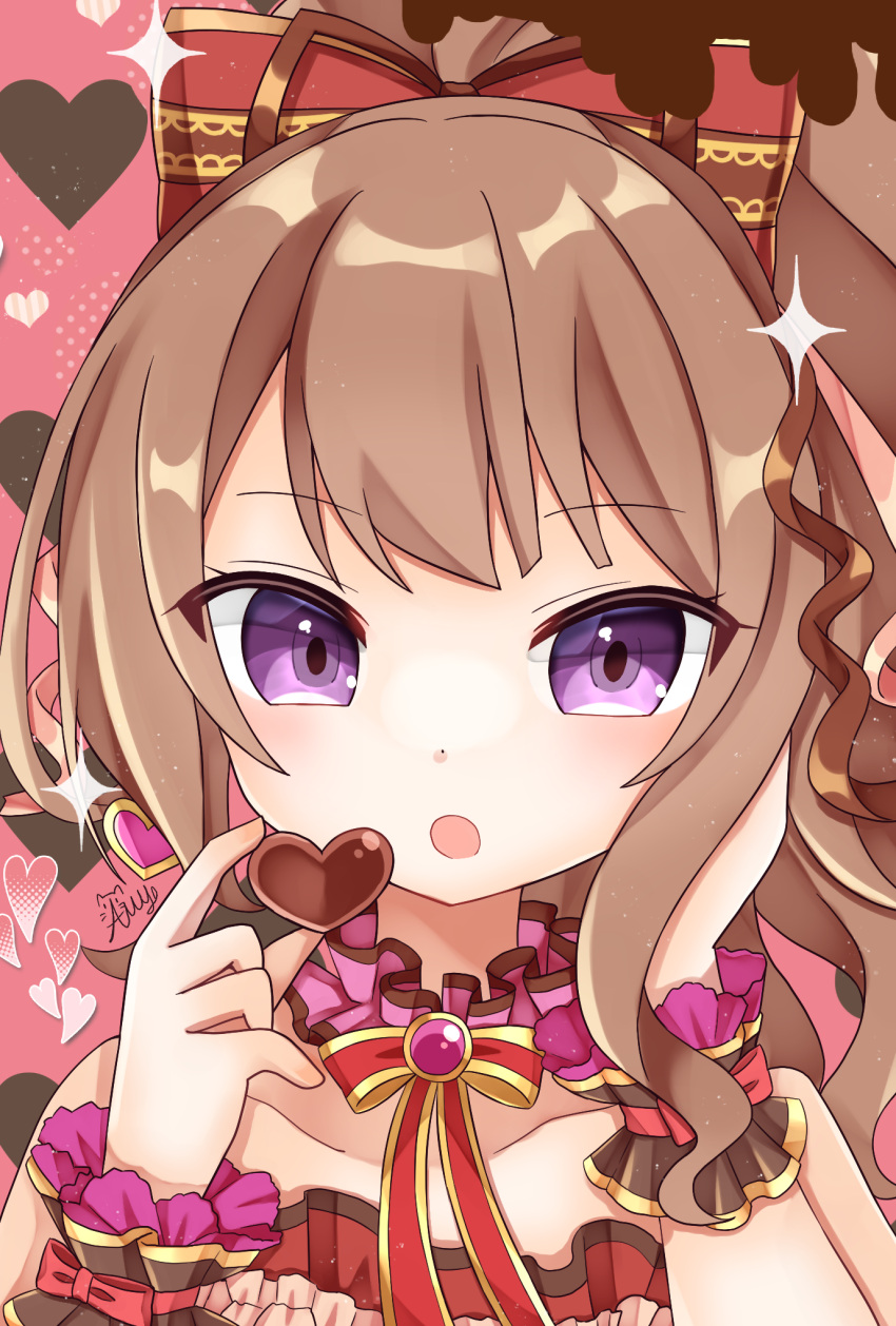 1girl blush bow brown_hair candy character_request chocolate choker earrings food frilled_choker frills hair_bow hair_ribbon heart heart-shaped_chocolate highres holding holding_chocolate holding_food jewelry long_hair looking_at_viewer ongeki open_mouth pink_background purple_eyes ribbon saotome_ayaka solo strapless u_amy1207 upper_body valentine wrist_cuffs