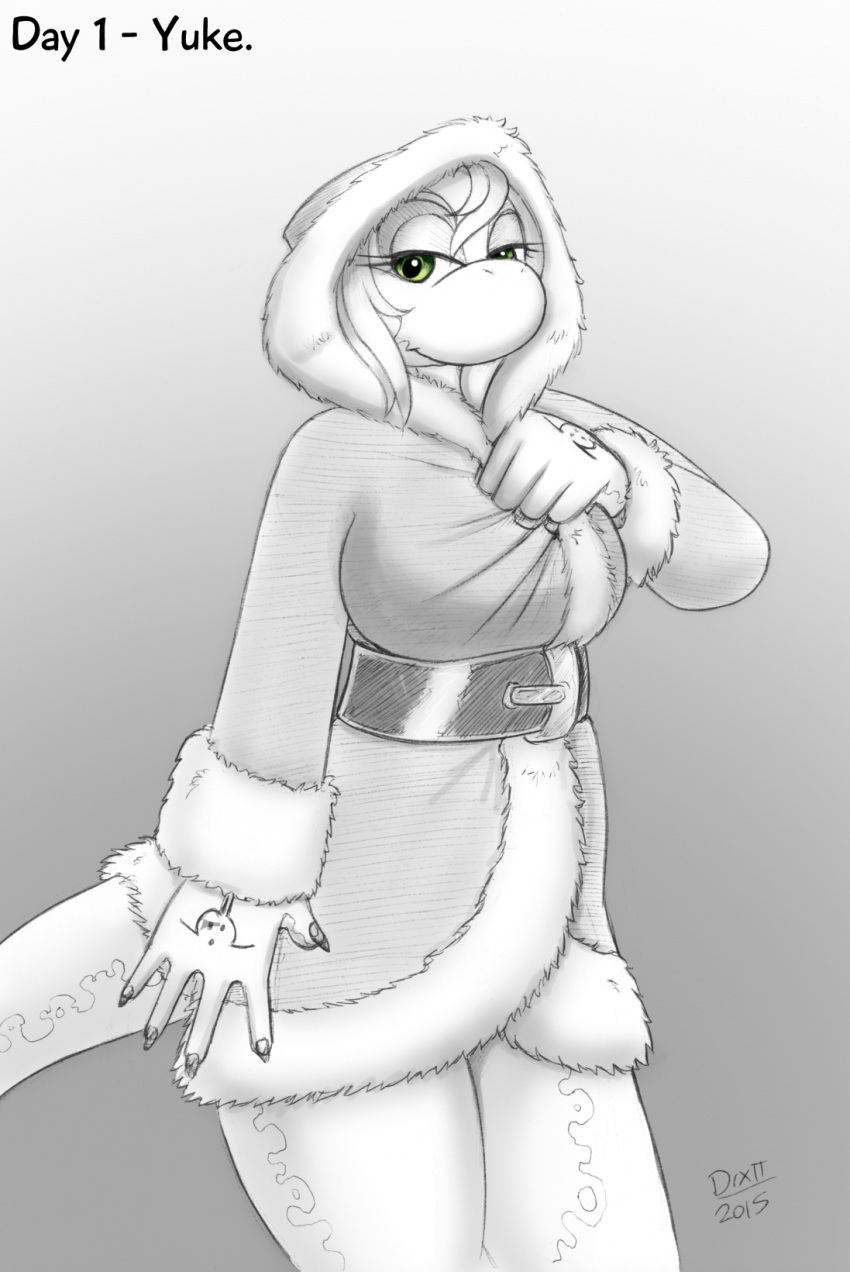 2015 anthro big_breasts breasts christmas christmas_clothing clothing drxii female green_eyes hand_tattoo hi_res holidays nushi part_of_set scalie solo tattoo traditional_media_(artwork) undressing yuke_(drxii)