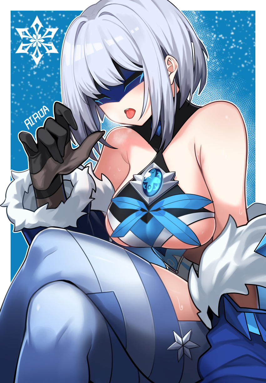 1girl absurdres bare_shoulders black_gloves blue_hair breasts cicin_mage_(genshin_impact) crossed_legs cryo_cicin_mage_(genshin_impact) delusion_(genshin_impact) eye_mask fellatio_gesture fur_trim genshin_impact gloves hanging_breasts highres large_breasts lira short_hair snowing solo tongue tongue_out underboob