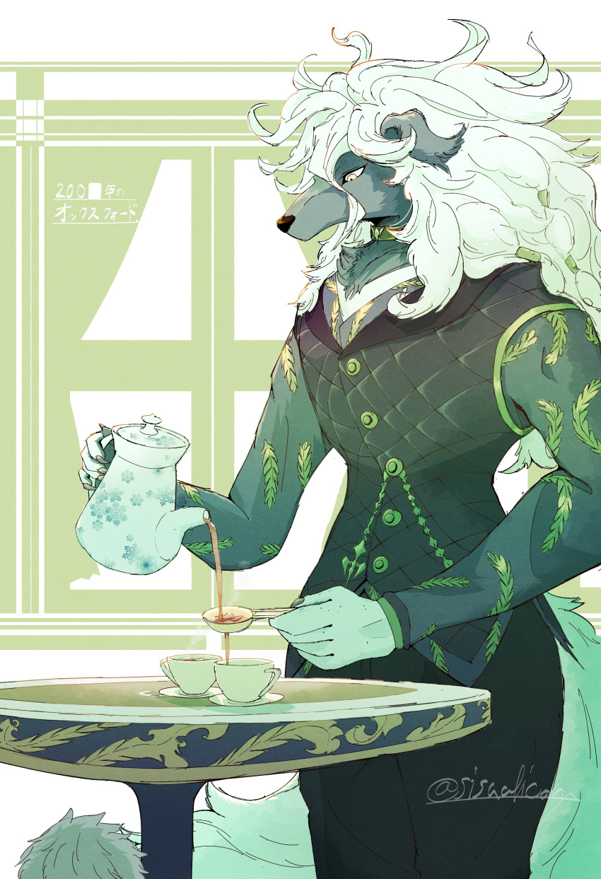 1boy absurdres animal_ears commentary_request cup fate/grand_order fate_(series) furry furry_male highres holding holding_teapot male_focus pouring saucer sisualicon standing table tail teacup teapot translation_request twitter_username white_hair window wolf_boy wolf_ears wolf_tail woodwose_(fate)