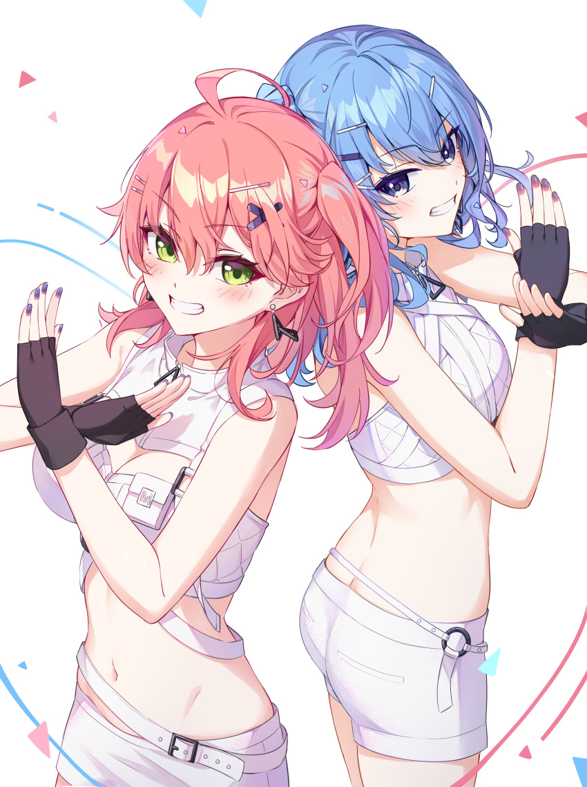 1girl 2girls absurdres ahoge bare_shoulders belt black_gloves blue_eyes blue_hair blush breasts butt_crack cleavage_cutout clothing_cutout commentary crop_top double-parted_bangs fingerless_gloves gloves grin groin hair_ornament hairclip high_collar highres hololive hoshimachi_suisei long_hair long_sleeves looking_at_viewer median_furrow medium_breasts midriff miniskirt multiple_girls navel no_jacket off_shoulder one_side_up pink_hair sakura_miko shirt shorts skirt sleeveless sleeveless_shirt smile star_(symbol) star_in_eye sugar_rush_(hololive) symbol_in_eye tang-du turtleneck virtual_youtuber white_background white_shorts white_skirt x_arms x_hair_ornament zipper_pull_tab
