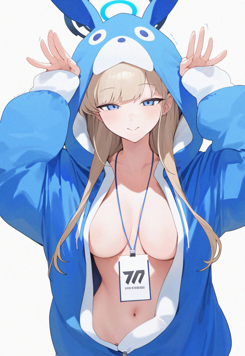 absurdres animal_ears blonde_hair blue_archive blue_eyes blue_halo blue_pajamas breasts fake_animal_ears halo highres large_breasts pajamas rabbit_pose toki_(blue_archive) zishudongmao