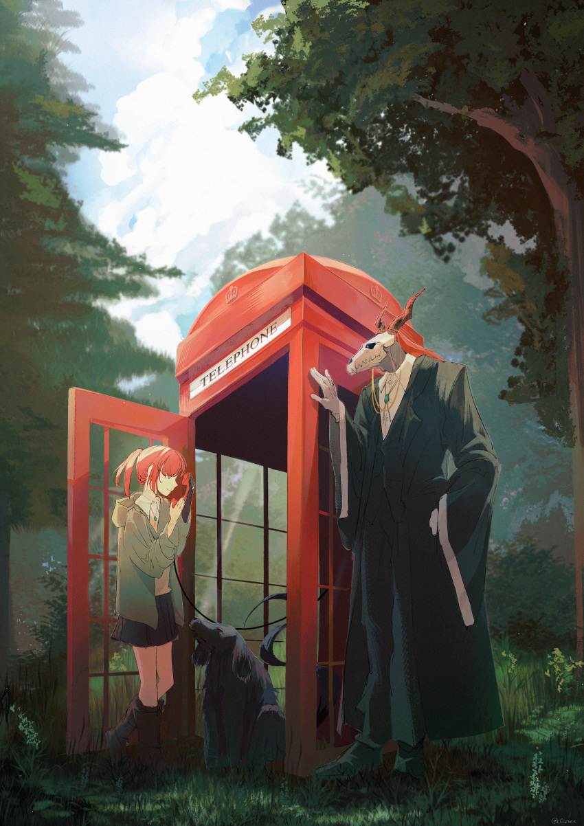 1boy 1girl absurdres artist_name black_footwear black_robe black_skin black_skirt bolo_tie colored_skin cones_(c0_nes) dog elias_ainsworth forest gloves grass grey_jacket hatori_chise highres holding holding_phone horns jacket jewelry mahou_tsukai_no_yome nature outdoors phone phone_booth red_eyes red_hair ring robe ruth_(mahou_tsukai_no_yome) skirt standing white_gloves wide_sleeves