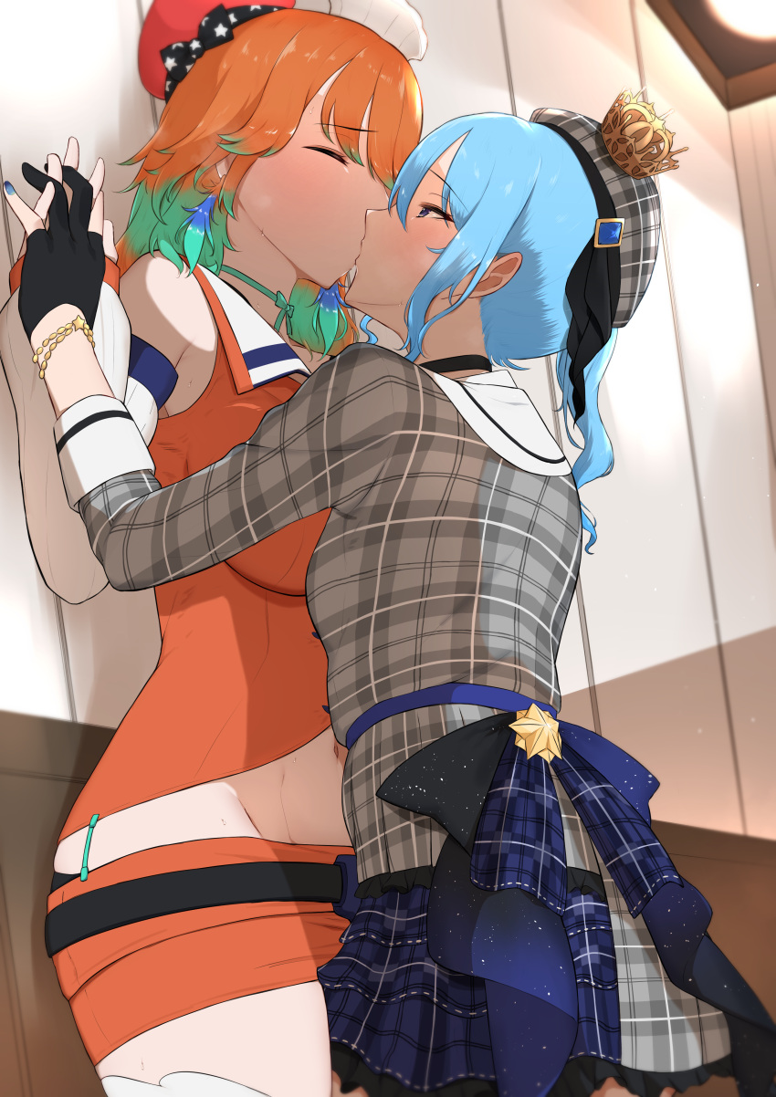 2girls absurdres against_wall beret black_gloves blue_hair blue_nails blush breasts chef_hat closed_eyes crown doruka feathers gem gloves gradient_hair grey_shirt hat height_difference highres holding_hands hololive hololive_english hoshimachi_suisei hoshimachi_suisei_(1st_costume) kabedon kiss large_breasts looking_at_another multicolored_hair multiple_girls nail_polish orange_hair orange_shirt partially_fingerless_gloves ribbon shirt small_breasts takanashi_kiara takanashi_kiara_(1st_costume) thighs virtual_youtuber yuri