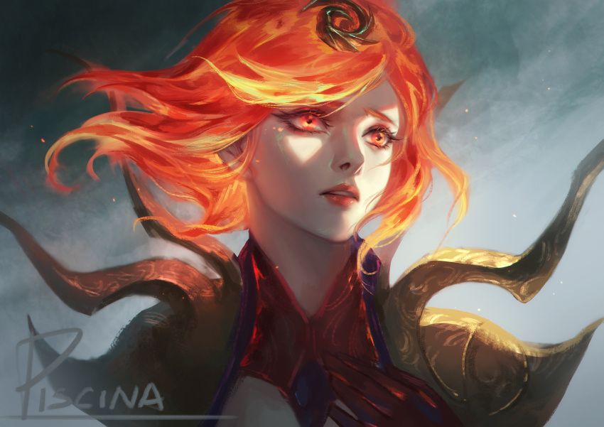 1girl absurdres artist_name elementalist_lux grey_background hair_ornament highres league_of_legends lipstick looking_at_viewer lux_(league_of_legends) makeup official_alternate_costume orange_hair piscina red_eyes red_hair solo upper_body