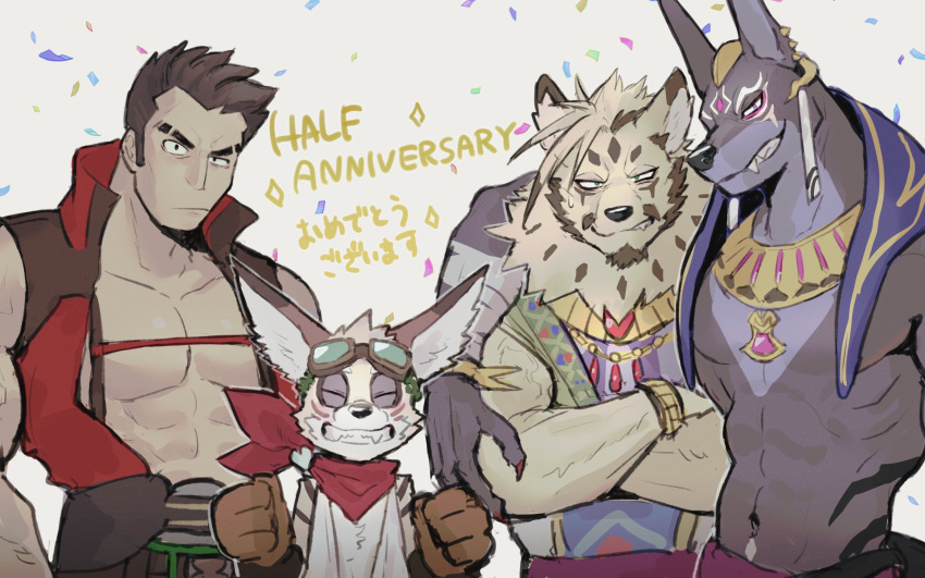 4boys abs amorey_(another_eidos) animal_ears anniversary another_eidos-r arm_on_another's_shoulder bandages bara bare_pectorals black_hair clenched_hands closed_eyes closed_mouth collared_jacket crossed_arms eyebrow_cut facial_mark fangs fingernails furry furry_male goggles goggles_on_head gold_necklace grey_background grin hellion_(another_eidos) highres jackal_boy jackal_ears jacket jalam_(another_eidos) jewelry k0bit0wani male_focus multiple_boys muscular muscular_male naked_jacket navel neck_fur necklace pectorals red_jacket red_scarf scarf sharp_fingernails short_hair smile sweatdrop upper_body v-taper young_hellion_(another_eidos) zacharoff_(another_eidos)