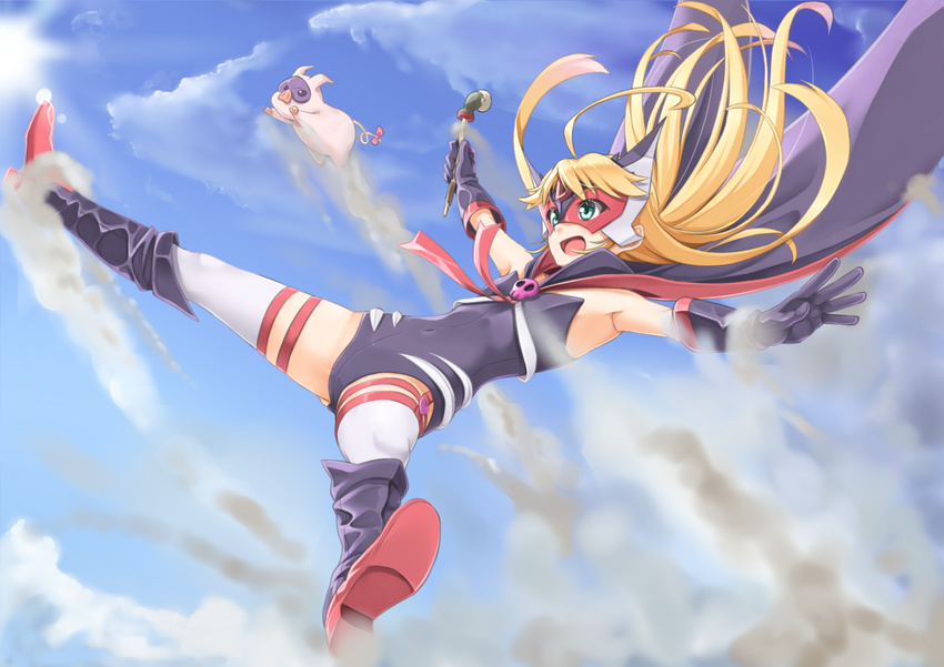 armpits blonde_hair blue_eyes boots cape day doronjo flying full_body gloves knee_boots leopard_(yatterman) leotard long_hair mask miri_(ago550421) oda-sama_(yatterman) outstretched_arms pig pipe sky smile solo spread_legs thighhighs time_bokan_(series) yatterman yoru_no_yatterman