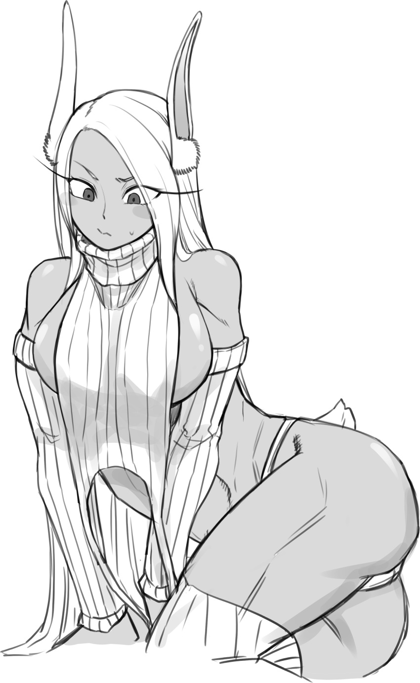 1girl absurdres animal_ears ass bare_shoulders blush boku_no_hero_academia breasts dark-skinned_female dark_skin detached_sleeves garter_straps greyscale highres large_breasts long_eyelashes long_hair looking_down meme_attire mirko monochrome panties rabbit_ears rabbit_girl rabbit_tail ribbed_sleeves ribbed_sweater ribbed_thighhighs sideboob sitting sleeveless sleeveless_sweater sleeveless_turtleneck smallsoud solo sweatdrop sweater tail thighhighs thighs toned turtleneck turtleneck_sweater underwear very_long_hair virgin_destroyer_sweater wavy_mouth yokozuwari