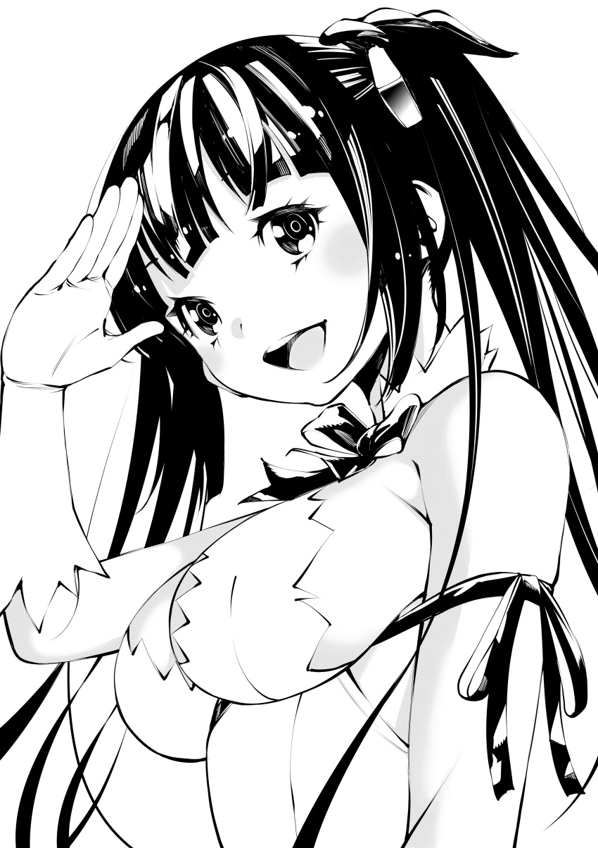 1girl absurdres arm_ribbon black_hair blush breasts cleavage cleavage_cutout clothing_cutout commentary_request dress dungeon_ni_deai_wo_motomeru_no_wa_machigatteiru_darou_ka fukushima_masayasu gloves greyscale hair_ribbon hand_to_head hestia_(danmachi) highres large_breasts long_hair looking_at_viewer monochrome open_mouth pencil_dress rei_no_himo ribbon salute simple_background solo teeth twintails upper_teeth_only white_background white_dress white_gloves