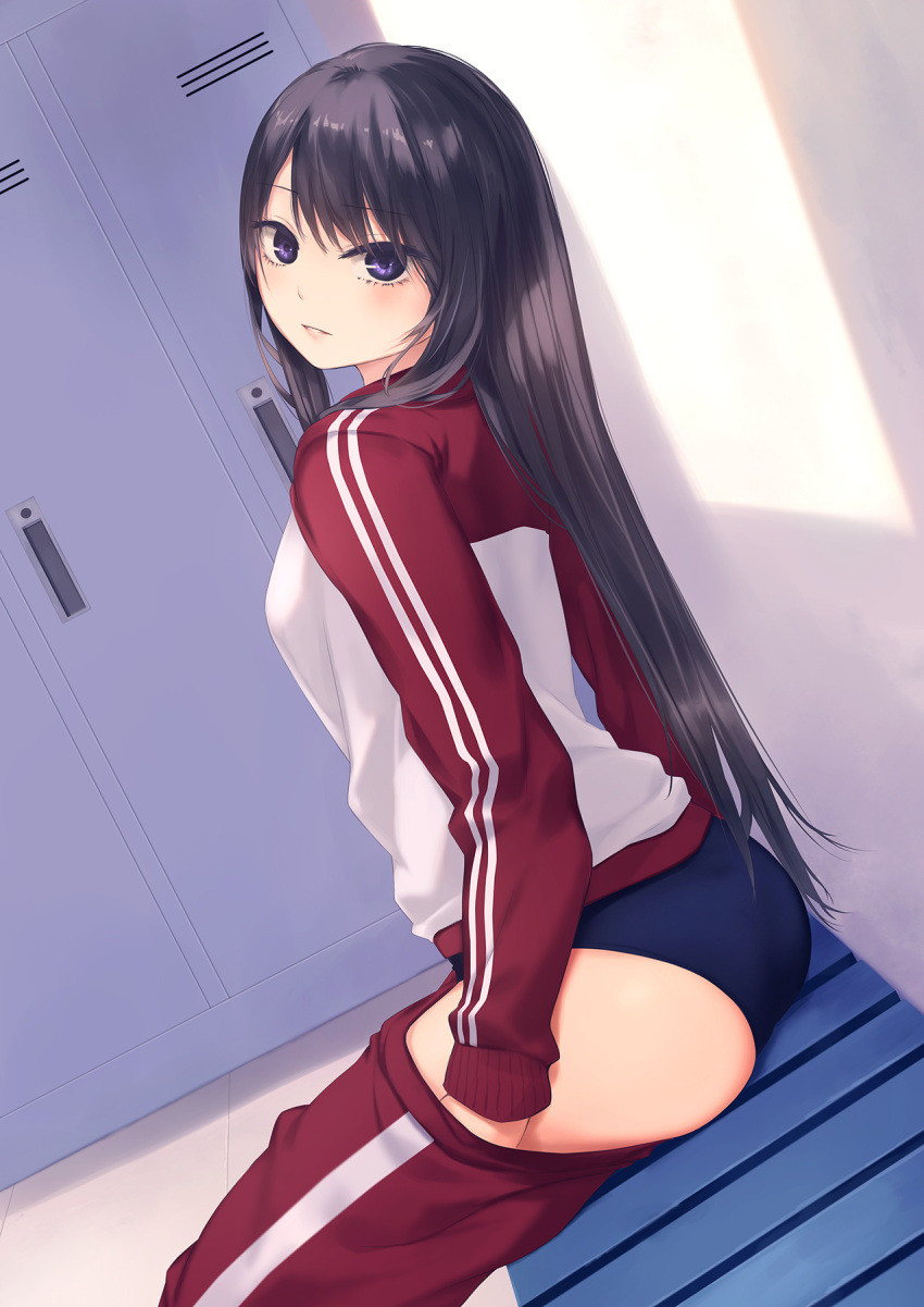 1girl black_hair blue_buruma blush breasts buruma coffee-kizoku gym_uniform highres indoors jacket locker locker_room long_hair looking_at_viewer medium_breasts original parted_lips purple_eyes shiramine_rika smile solo track_jacket undressing