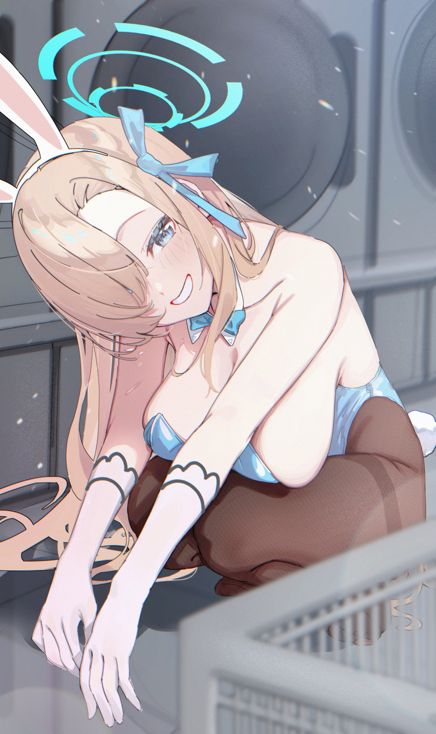 1girl absurdres animal_ears aqua_ribbon asuna_(blue_archive) asuna_(bunny)_(blue_archive) bare_shoulders blonde_hair blue_archive blue_eyes blue_leotard blush breasts brown_pantyhose cleavage elbow_gloves fake_animal_ears fake_tail full_body gloves hair_ornament hair_ribbon hairband highres large_breasts laudayon leotard long_hair looking_at_viewer official_alternate_costume pantyhose playboy_bunny rabbit_ears rabbit_tail ribbon smile solo squatting tail teeth thighband_pantyhose thighs white_gloves white_hairband