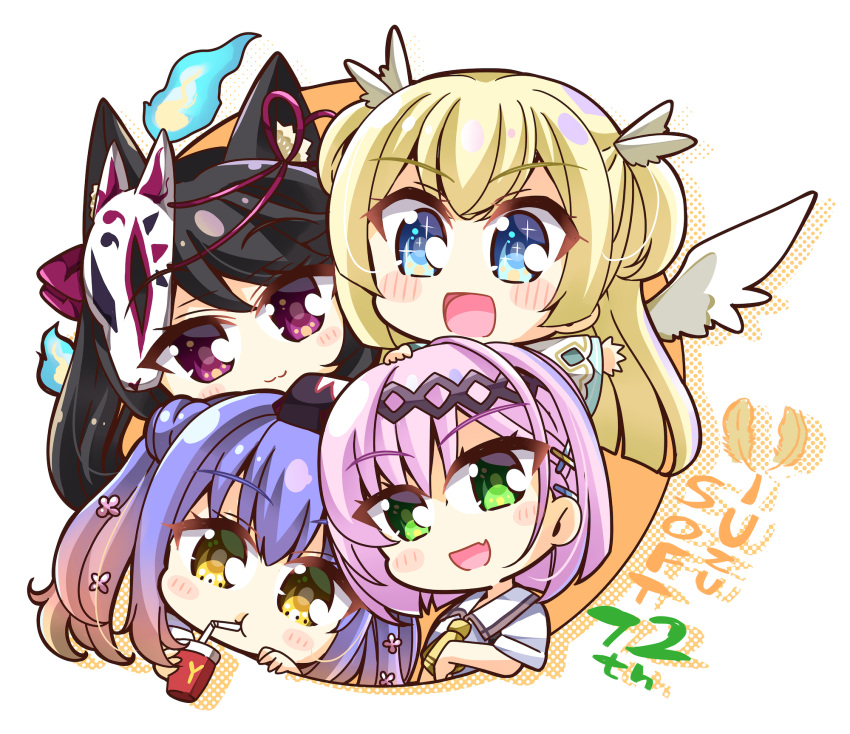 4girls :3 :d :t angel angel_wings animal_ear_fluff animal_ears black_hair blue_eyes blue_hair blunt_ends blush blush_stickers bob_cut chibi close-up closed_mouth commentary_request company_name cup drinking drinking_straw eyelashes eyes_visible_through_hair fang flower fox_mask gradient_hair hair_between_eyes hair_flower hair_ornament hairclip happy highres hitodama holding holding_cup hoshikawa_kaguya kohibari_kurumi looking_at_viewer mask mask_on_head multicolored_hair multiple_girls neckerchief open_mouth pink_flower pink_hair purple_eyes school_uniform shirayuki_noa shiroimaru shirt short_hair short_sleeves side_ponytail sidelocks simple_background skin_fang smile sparkling_eyes tanikaze_amane tenshi_souzou_re-boot! twintails two_side_up waving white_background white_shirt wing_hair_ornament wings x_hair_ornament yellow_eyes yellow_neckerchief