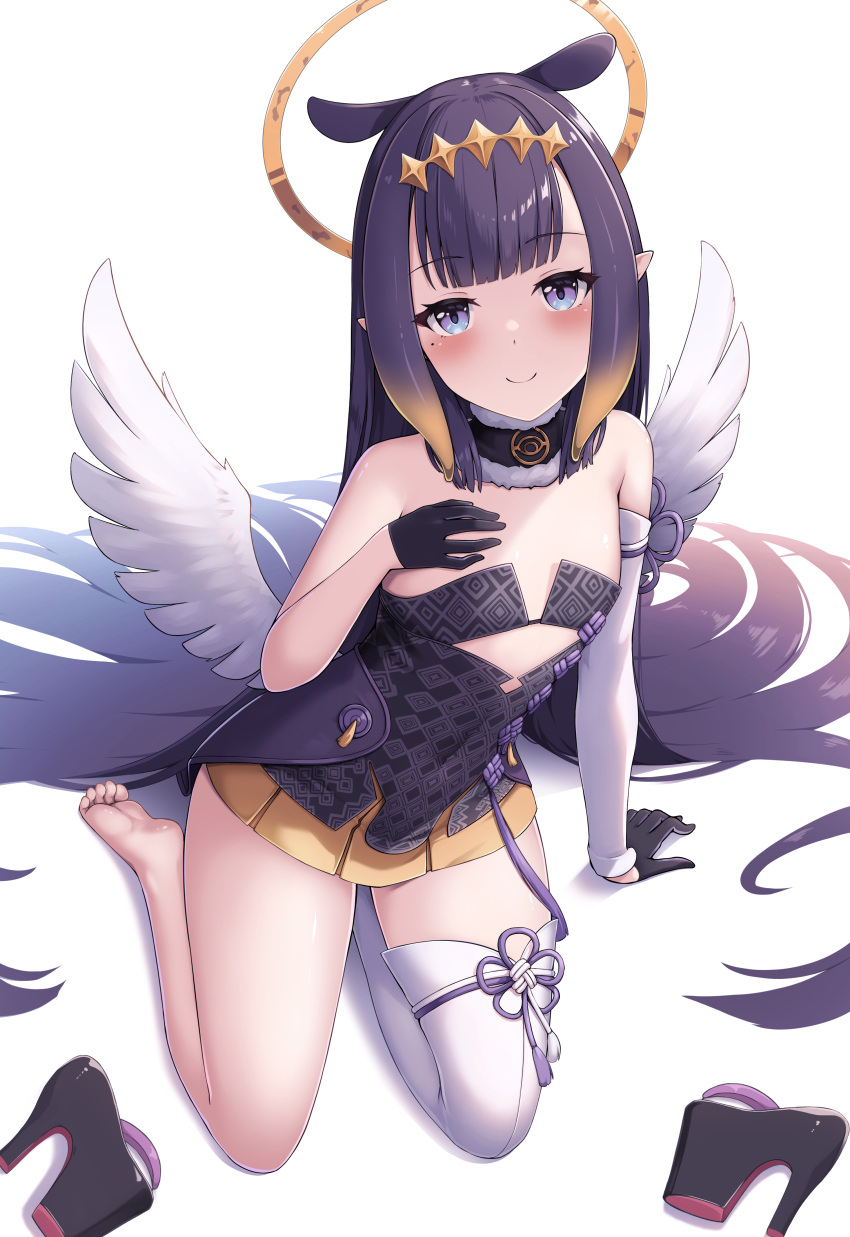 1girl absurdres barefoot black_choker black_dress black_flower blush breasts choker detached_sleeves dress feet flat_chest flower frilled_choker frills hand_on_own_chest high_heels highres hololive hololive_english legs long_hair looking_at_viewer low_wings mole mole_under_eye ninomae_ina'nis ninomae_ina'nis_(1st_costume) pointy_ears purple_eyes purple_hair sandals single_bare_leg single_detached_sleeve single_thighhigh smile soles solo strapless strapless_dress tentacle_hair thighhighs toes tousaki_(tousakiworks) tube_dress unworn_sandals very_long_hair virtual_youtuber white_sleeves white_thighhighs white_wings wings