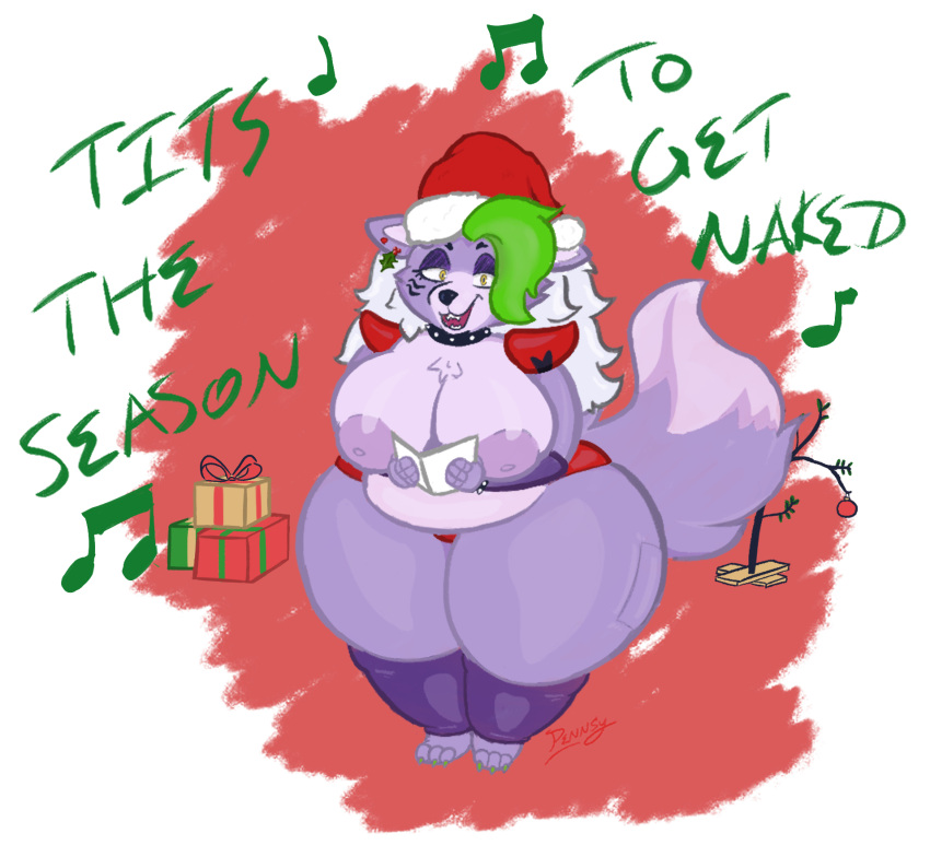 animatronic anthro areola barefoot belly big_belly big_breasts breasts canid canine canis caroling christmas christmas_clothing christmas_headwear christmas_tree clothing collar ear_piercing exposed_breasts feet female five_nights_at_freddy's five_nights_at_freddy's:_security_breach gift green_hair hair half_naked hat headgear headwear hi_res holidays holly_(plant) huge_breasts machine mammal nipples open_mouth overweight pennsy piercing plant purple_nipples robot roxanne_wolf_(fnaf) santa_hat scottgames singing smile solo steel_wool_studios thick_thighs tree wide_hips wolf