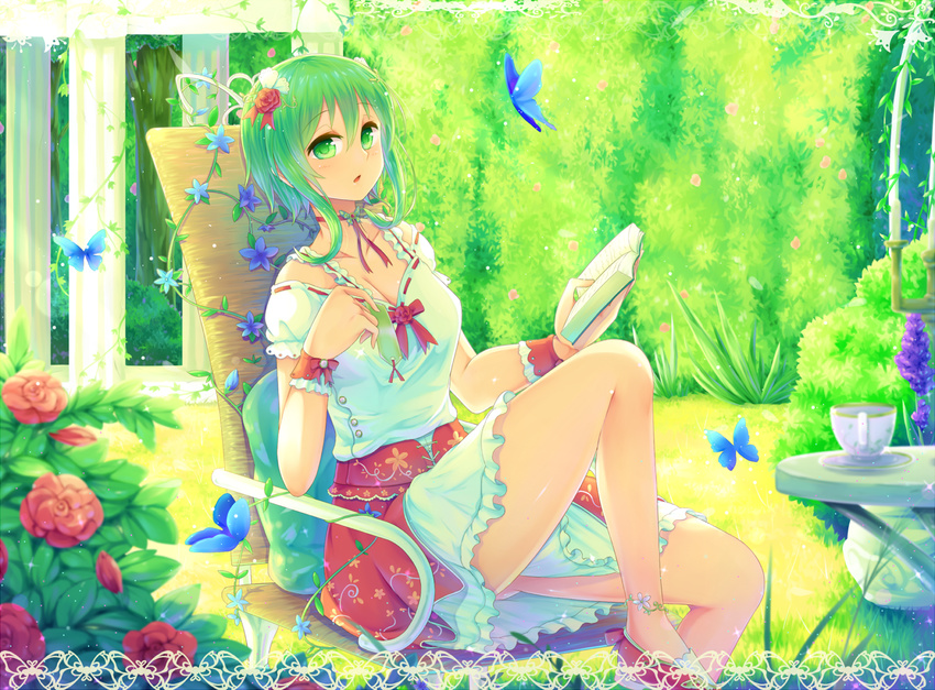alternate_costume bad_id bad_pixiv_id book bookmark breasts bug bush butterfly chair choker cleavage cup flower green_eyes green_hair gumi hair_flower hair_ornament holding holding_book insect knee_up looking_at_viewer medium_breasts open_book outdoors pillow red_flower red_rose rose sakakidani shoes short_hair short_hair_with_long_locks short_sleeves sidelocks sitting solo table teacup vocaloid wrist_cuffs