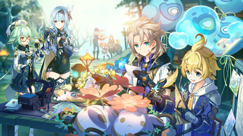 4boys 4girls :&lt; :d aether_(genshin_impact) ahoge albedo_(genshin_impact) animal_ears aqua_eyes asymmetrical_hair bag balloon baron_bunny_(genshin_impact) black_gloves black_hairband black_shorts blonde_hair blue_cape blue_dress blue_eyes blue_flower blue_hair blue_jacket blue_necktie blue_shirt blurry blurry_background book box braid brown_eyes cape character_doll closed_mouth coat collared_shirt commentary_request crossed_bangs cuilein-anbar_(genshin_impact) day diluc_(genshin_impact) drawing drawing_(object) dress envelope eula_(genshin_impact) fire flower frilled_dress frills fur_collar genshin_impact glasses gloves gold_trim green_hair hair_between_eyes hair_intakes hair_ornament hairband half_updo hands_up hat high-waist_shorts highres holding holding_photo holding_quill hood hood_down hoodie hydro_eidolon_(genshin_impact) idyia_(genshin_impact) jacket jean_(genshin_impact) jumpy_dumpty kaeya_(genshin_impact) klee_(genshin_impact) lantern lapels light_brown_hair long_hair long_sleeves looking_at_viewer looking_to_the_side low_ponytail lumine_(genshin_impact) medium_hair mika_(genshin_impact) mist_flower multicolored_hair multiple_boys multiple_girls necktie open_clothes open_coat open_mouth outdoors paper parted_bangs photo_(object) pincushion ponytail purple_eyes quill semi-rimless_eyewear set_square sewing sewing_pin shirt short_ponytail shorts shrug_(clothing) sidelocks sketchbook smile spoon strapless strapless_dress streaked_hair stuffing sucrose_(genshin_impact) sweet_flower table thighs thread tree two-sided_cape two-sided_fabric two-tone_gloves under-rim_eyewear vambraces vision_(genshin_impact) white_coat white_flower white_gloves white_headwear white_hoodie wooden_table yellow_cape yellow_necktie yoco_n