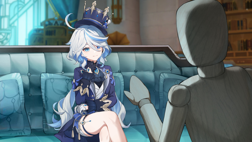 1girl absurdres ahoge ascot asymmetrical_gloves black_gloves blue_brooch blue_eyes blue_hair blue_headwear blue_jacket couch crossed_legs drop-shaped_pupils furina_(genshin_impact) genshin_impact gloves hair_between_eyes hat heterochromia highres jacket light_blue_hair lizhilv long_hair long_sleeves mannequin mismatched_gloves mismatched_pupils multicolored_hair shorts sitting smile solo streaked_hair top_hat white_gloves white_hair white_shorts