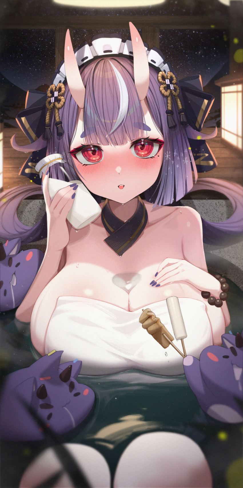 1girl absurdres bead_bracelet beads blush bottle bracelet breasts collar creature food frilled_hairband frills hairband hand_on_own_chest headband highres hime_cut holding holding_bottle horns jewelry kyudong. large_breasts looking_at_viewer milk milk_bottle multicolored_hair nail_polish onsen open_mouth purple_hair red_eyes short_eyebrows shune_(virtual_hertz) skin-covered_horns streaked_hair towel virtual_hertz virtual_youtuber water white_hair white_towel