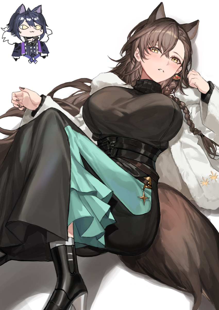 1girl absurdres animal_ears arknights black_coat black_jacket black_nails breasts brown_hair coat dress extra_ears highres holding jacket long_hair long_sleeves looking_at_viewer mole_above_eye molyb open_clothes penance_(arknights) penance_(occasionally_flushed)_(arknights) solo wolf_ears wolf_girl yellow_eyes